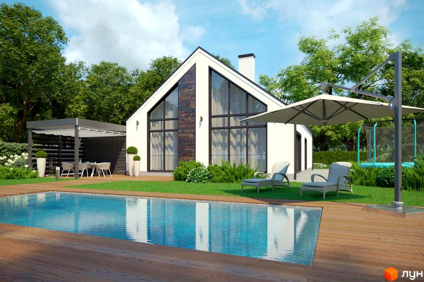 Будинок Котеджне містечко Gardd House Eco Village: білий фасад, великі вікна, басейн, альтанка та зелена територія.