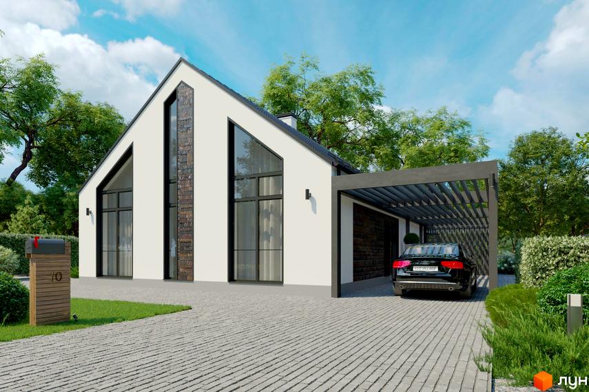 Котеджне містечко КМ Gardd House Eco Village: сучасний будинок з великими вікнами та навісом для авто, огороджений живоплотом. Прибудинкова територія з доріжками та газоном.