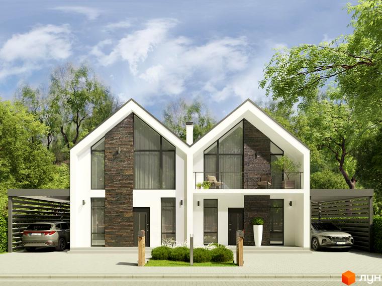 Котеджне містечко КМ Gardd House Eco Village. Сучасний двоповерховий будинок з великими вікнами, облицьований темним каменем, з навісом для авто та зеленою зоною.