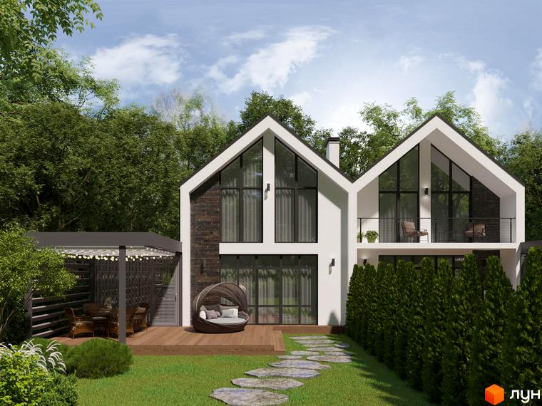 Котеджне містечко KМ Gardd House Eco Village з двома поверхами, великими вікнами та балконом, оточений зеленню та доглянутим газоном з доріжкою з каменю.