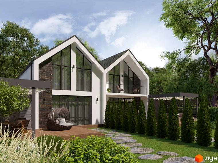 Котеджне містечко KM Gardd House Eco Village: двоповерховий будинок з великими вікнами та дерев'яною терасою, оточений зеленню та кам'яною доріжкою.