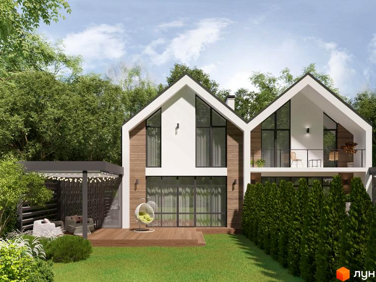 Котеджне містечко Gardd House Eco Village: будинки з білими фасадами, дерев'яними вставками та великими вікнами. На подвір'ї газон, тераса та альтанка.