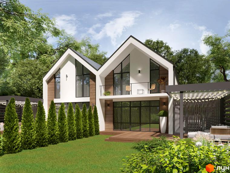 Котеджне містечко Gardd House Eco Village з двосхилим дахом, великими вікнами та дерев'яними елементами фасаду. Прибудинкова територія з газоном, деревами та зоною відпочинку під навісом.