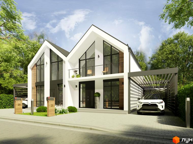 Котеджне містечко КМ Gardd House Eco Village. Сучасний двоповерховий будинок з великими вікнами, балконом та навісом для автомобіля на прибудинковій території.