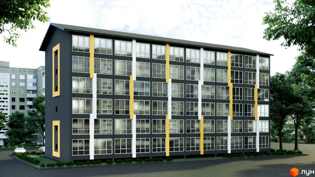 Житловий комплекс Котловський – це сучасна новобудова з великою кількістю вікон та яскравими жовтими елементами фасаду. Навколо будинку розташована доглянута прибудинкова територія з деревами та парковкою.