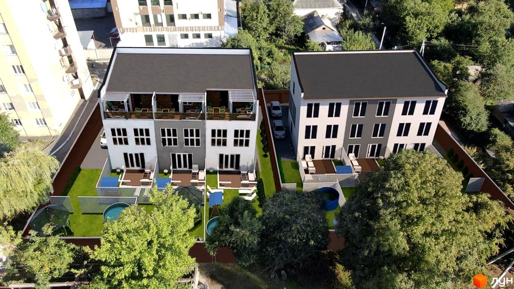 Клубний будинок Софія: триповерхові будинки з терасами та басейнами на прибудинковій території. Сучасна новобудова з доглянутим ландшафтом.