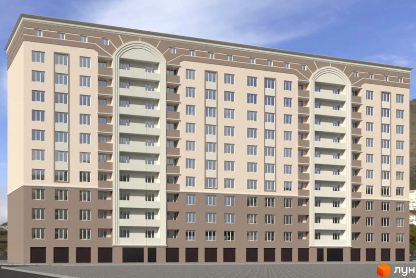 Фасад житлового комплексу Озерний 2020, багатоповерховий будинок світло-бежевого та коричневого кольору з балконами.
