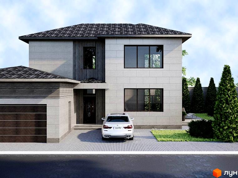 Котеджне містечко Harmony house: двоповерховий будинок з сірим фасадом, темним дахом та гаражем. Прибудинкова територія з газоном та туями.