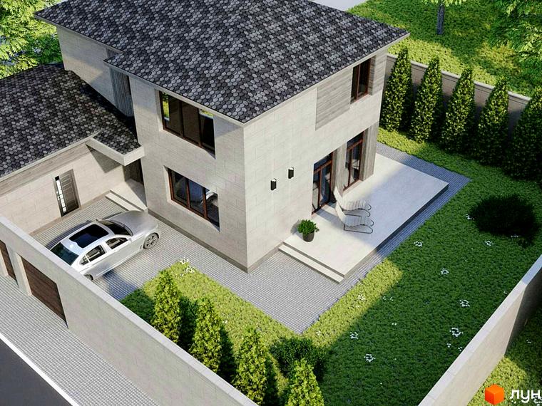 Котеджне містечко Harmony house. Двоповерховий будинок зі світлим фасадом та темним дахом, поруч доглянутий газон та автомобіль.