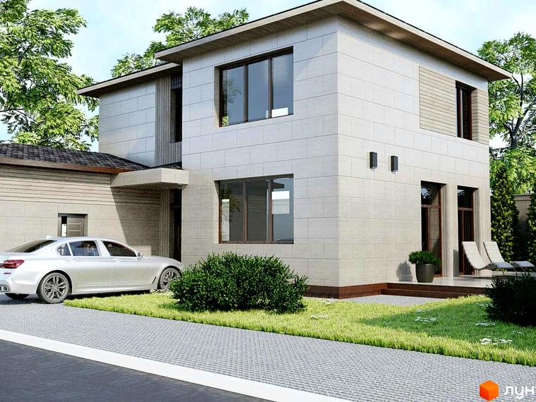 Котеджне містечко Harmony house: двоповерховий будинок зі світлим фасадом та великими вікнами. На подвір'ї зелений газон, бруківка та автомобіль.