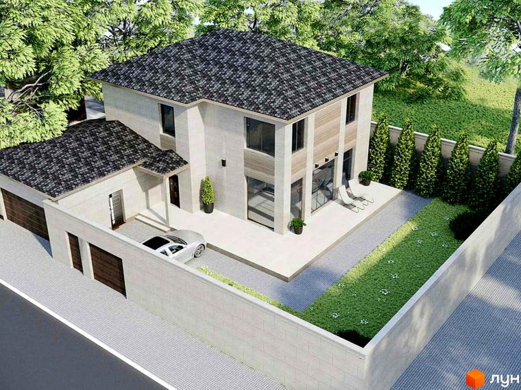 Котеджне містечко Harmony house: двоповерховий будинок зі світлими фасадами, темним дахом та великими вікнами. На прибудинковій території доглянутий газон, вимощені доріжки та огорожа з туй.