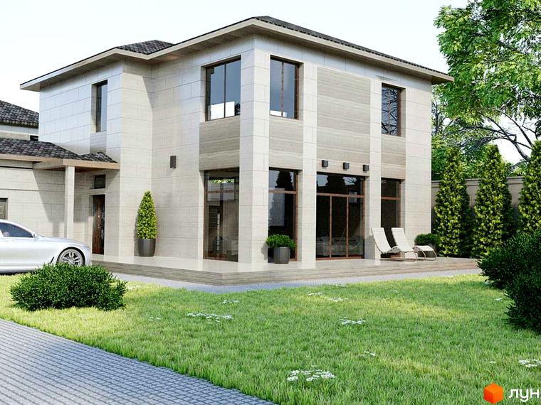 Котеджне містечко Harmony house: двоповерховий будинок з великими вікнами та світлим фасадом, оточений доглянутим газоном та деревами.