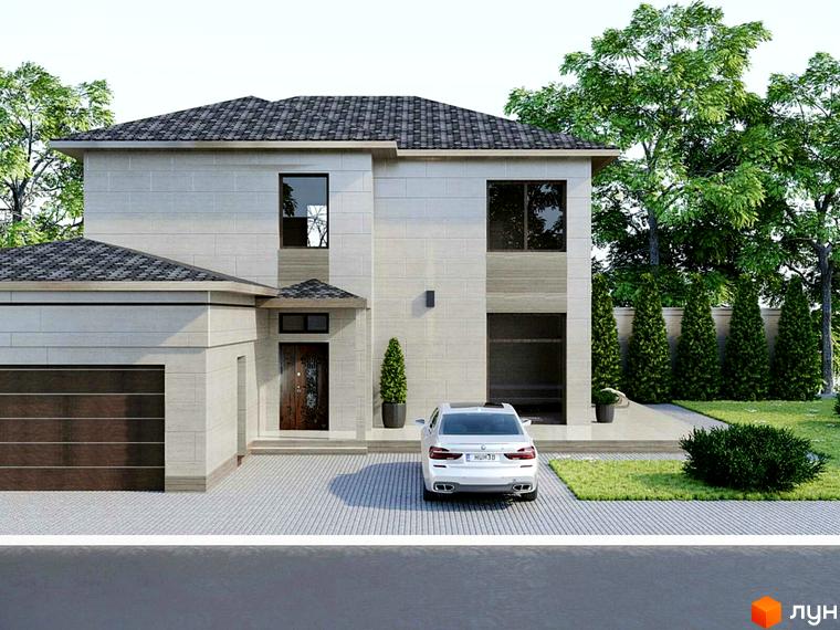 Котеджне містечко Harmony house - двоповерховий будинок з гаражем, фасадом оздобленим світлим каменем, та доглянутою прибудинковою територією з деревами та газоном.