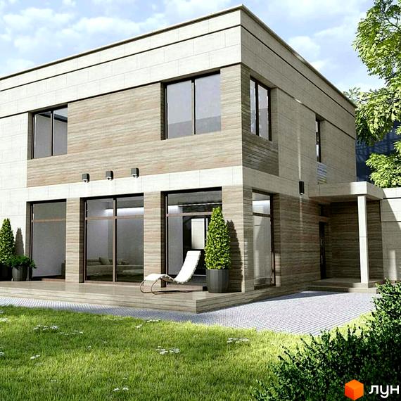 Двоповерховий будинок Котеджного містечка Harmony house з фасадом з комбінованих матеріалів та великими вікнами. Перед будинком зелений газон та вимощена територія.