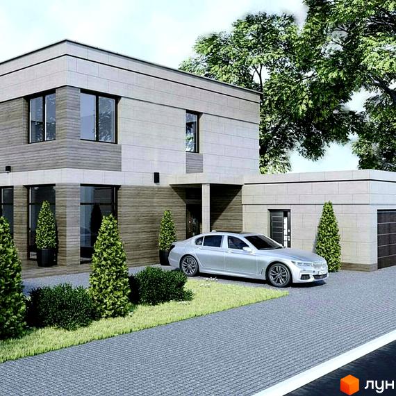 Котеджне містечко Harmony house. Двоповерховий будинок з комбінованим фасадом, великими вікнами та срібним автомобілем на брукованій доріжці серед зелених насаджень.