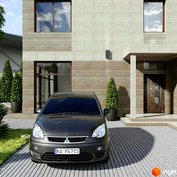 Котеджне містечко Harmony house: двоповерховий будинок з комбінованим фасадом, вимощеною прибудинковою територією та припаркованим авто.