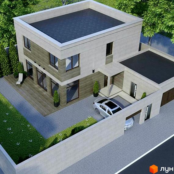 Двоповерховий будинок Котеджне містечко Harmony house зі світлим фасадом та дерев'яною терасою, брукований під'їзд з автомобілем та зелений газон.