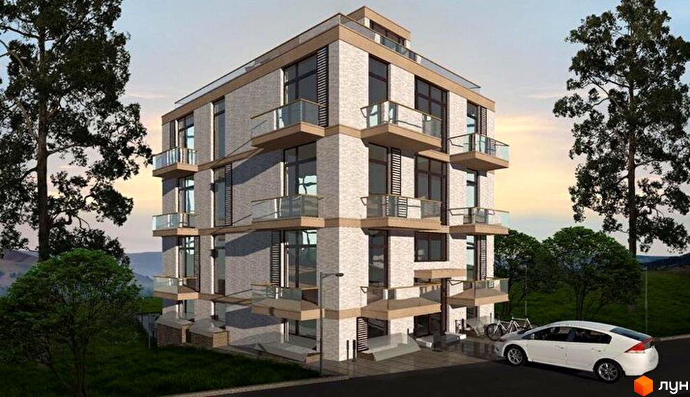 Зовнішній вигляд чотириповерхового будинку з балконами та великими вікнами на вулиці Організаторська, 4а. На прибудинковій території видно дерева та білий автомобіль.