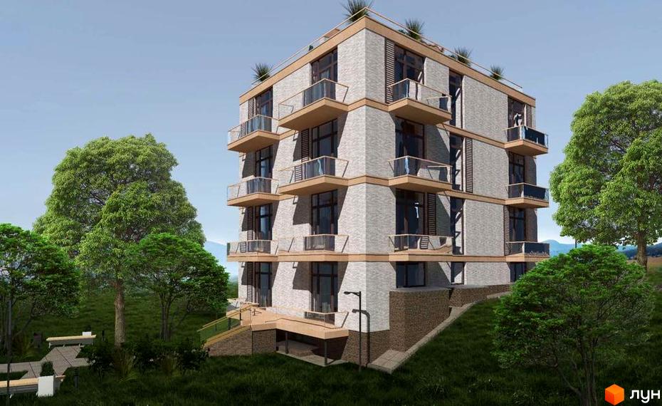 Зовнішній вигляд новобудови на вул. Організаторська, 4а, з балконами та вікнами, оточеної деревами та зеленим ландшафтом.