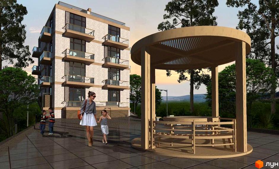 Зовнішній вигляд житлового комплексу на вул. Організаторська, 4а, з сірою цегляною облицовкою та балконами. Поруч розташована зона відпочинку з дерев'яною альтанкою та дитячим майданчиком.