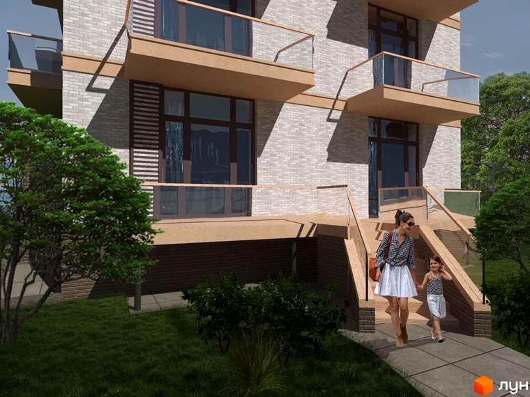 Зовнішній вигляд новобудови на вул. Організаторська, 4а, з балконами та великими вікнами. Прибудинкова територія з доглянутим газоном та деревами.