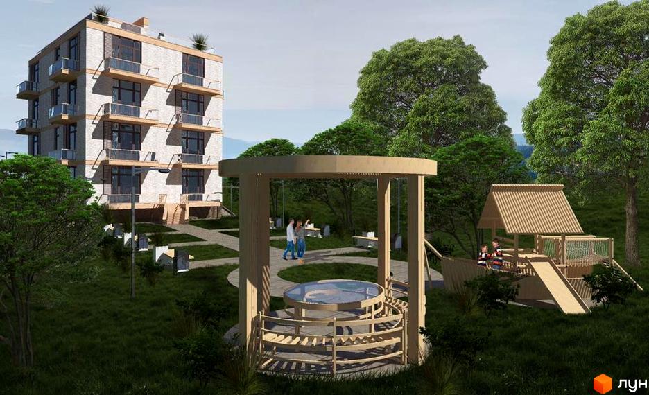 Будівельний проєкт на вул. Організаторська, 4а. На зображенні видно багатоповерховий будинок з балконами та дитячий майданчик з альтанкою на прибудинковій території.