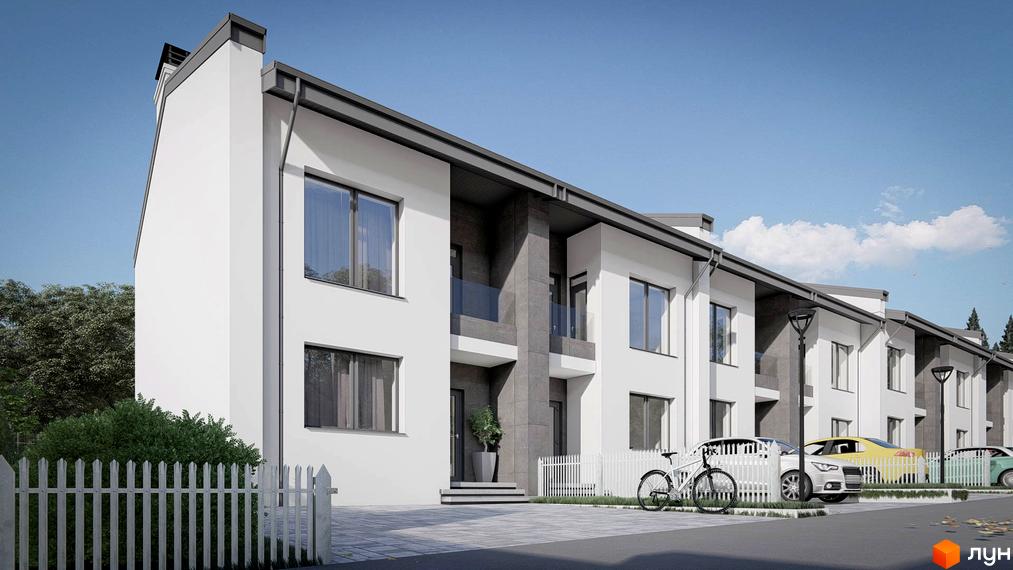 Таунхауси Жасмин-Гореничі: білі будинки з темними дахами, великими вікнами, сірими вставками. Двір має парковки, білі паркани та зелені насадження.