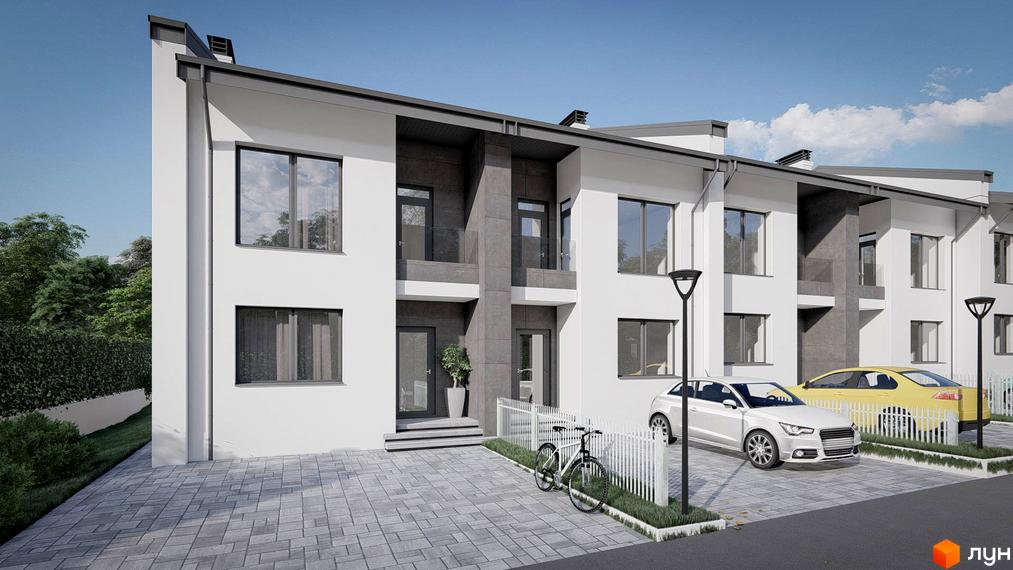 Ряд таунхаусів „Жасмин-Гореничі“ з білими фасадами, темними акцентами та великими вікнами. Прибудинкова територія вимощена, є автомобілі та зелені насадження.