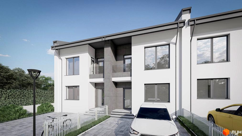Таунхауси „Жасмин-Гореничі“: білі будинки з темними дахами та балконами, прибудинкова територія з бруківкою та зеленню.