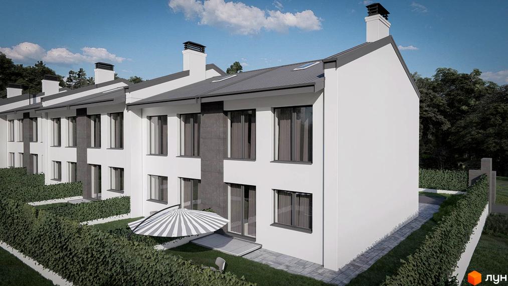 Ряд білих таунхаусів „Жасмин-Гореничі“ з темно-сірими дахами та вікнами. Прибудинкова територія має зелені газони та живі огорожі.