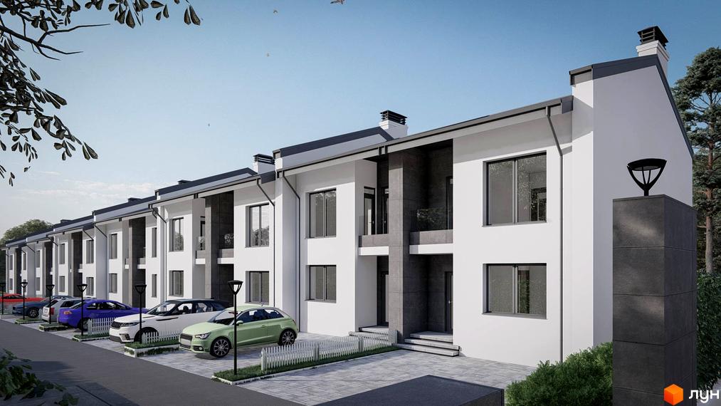 Таунхауси Жасмин-Гореничі: ряд білих будинків з темними дахами, паркувальні місця та зелені насадження перед ними.