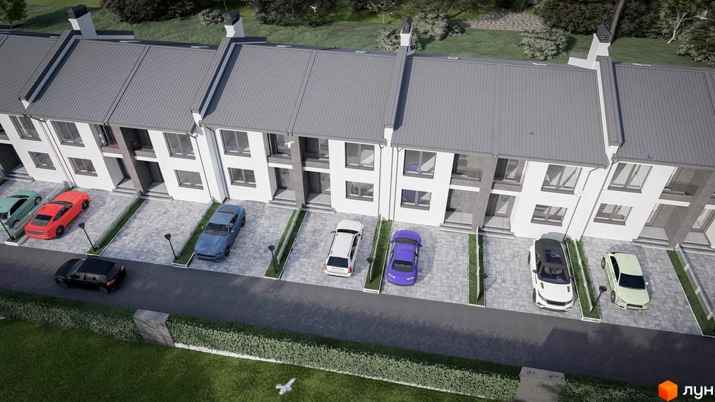 Таунхауси „Жасмин-Гореничі“: вид зверху на ряд білих будинків з сірими дахами та прибудинковими паркувальними місцями.