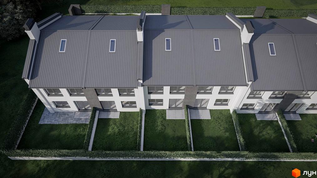 Таунхауси „Жасмин-Гореничі“: ряд будівель з сірими скатними дахами, мансардними вікнами та білими фасадами. Прибудинкова територія має зелені газони та вимощені доріжки.