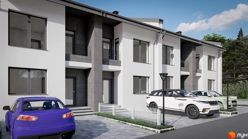 Зображення Таунхаусів „Жасмин-Гореничі“ з білими фасадами та темними акцентами. На прибудинковій території бруківка, парковка та зелені насадження.