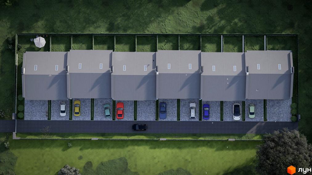 Вид зверху на таунхауси Жасмин-Гореничі з сірими дахами та індивідуальними парковками. Навколо зелені газони.