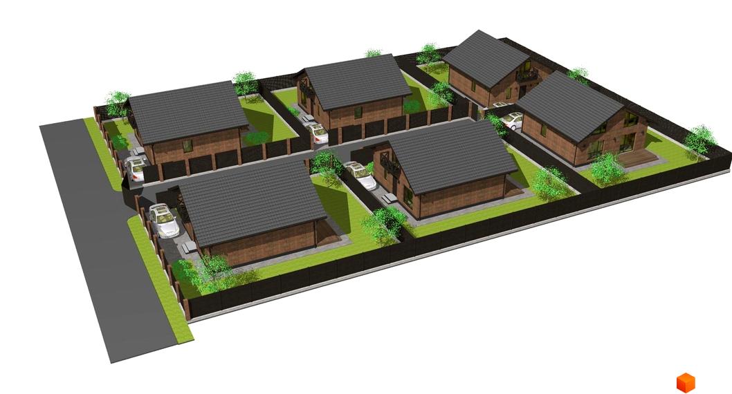 Котеджне містечко Одноповерховий Київ - Гореничі: шість коричневих котеджів з темними дахами та гаражами, оточені газонами й парканами.