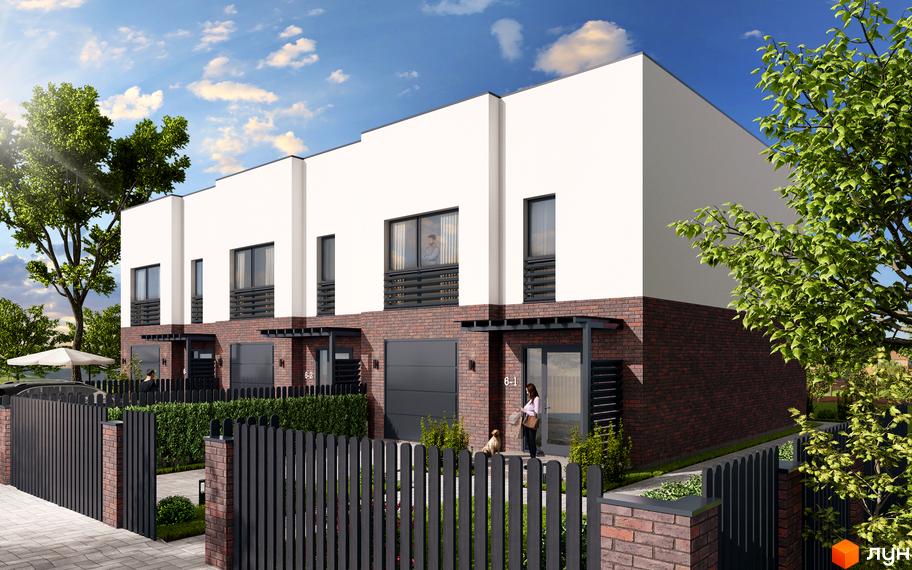 Таунхауси LOFT HOUSE з білими фасадами та цегляною кладкою на першому поверсі. Перед будинками доріжки, зелені насадження та металеві огорожі.