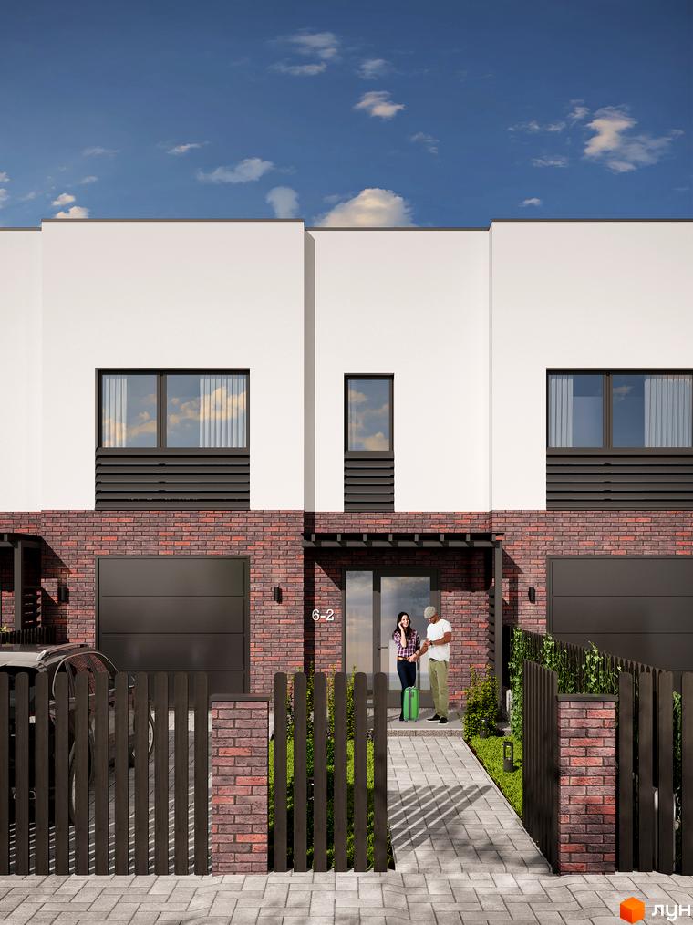 Фасад таунхаусів LOFT HOUSE з білим верхнім поверхом, цегляною основою, темними вікнами та гаражними воротами. На подвір'ї вимощена доріжка та зелений газон.