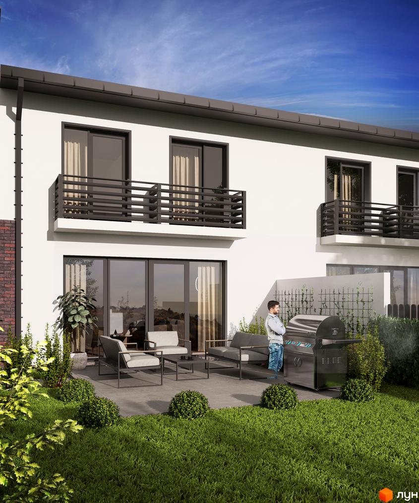 Таунхауси LOFT HOUSE: білий двоповерховий будинок з балконами та великими вікнами. На прибудинковій території облаштована тераса з меблями, грилем та зеленим газоном.