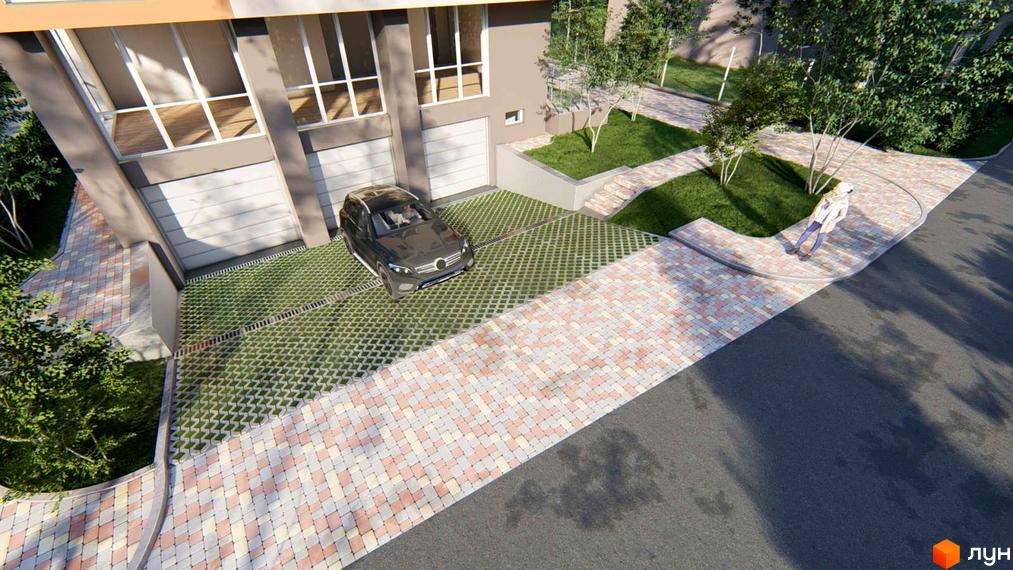 Зовнішній вигляд будинку на вул. Баштанна, 6 з гаражними воротами та паркомісцями. Прибудинкова територія з бруківкою та зеленими насадженнями.