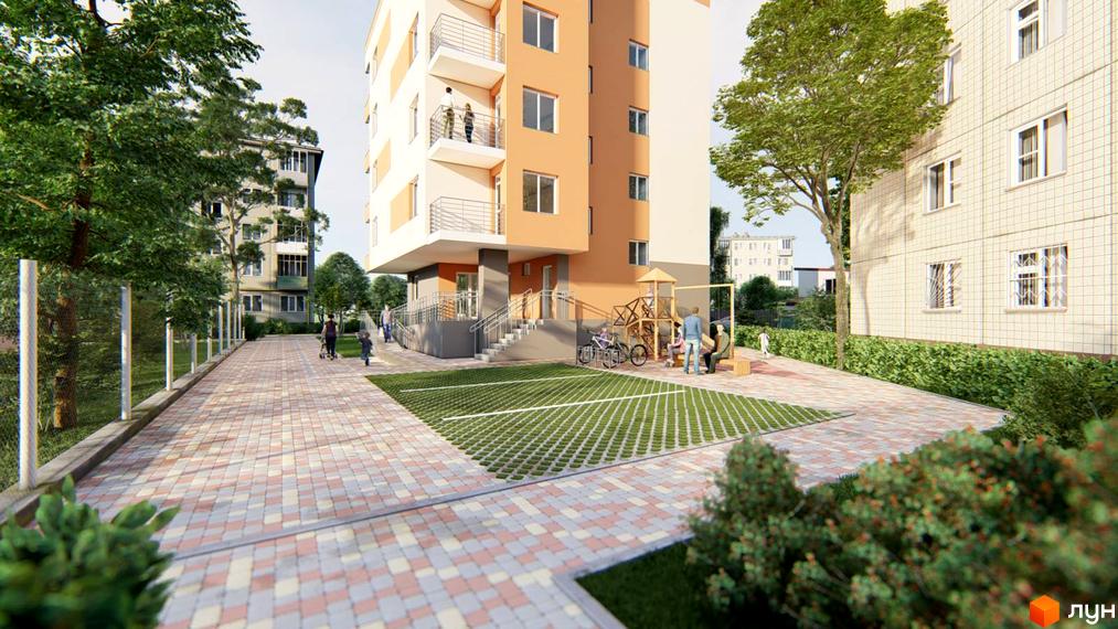 Зовнішній вигляд будинку на вул. Баштанна, 6, з дитячим майданчиком та доріжками з бруківки. Зелена зона та дерева навколо.