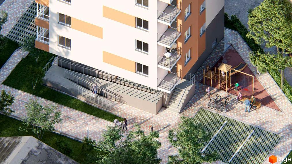 Будинок житлового комплексу на вул. Баштанна, 6 з дитячим майданчиком та місцями для паркування велосипедів.