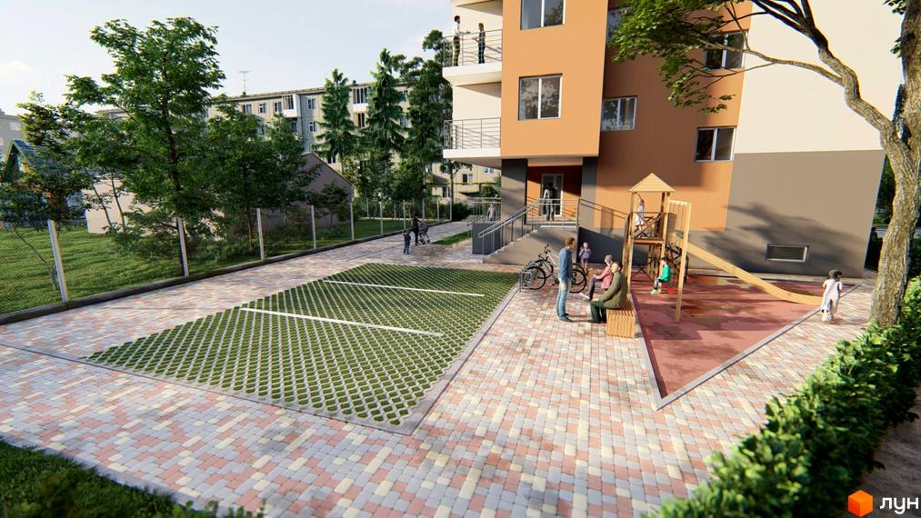 Зовнішній вигляд будинку на вул. Баштанна, 6, з дитячим майданчиком та парковкою. Сучасний житловий комплекс з упорядкованою прибудинковою територією.