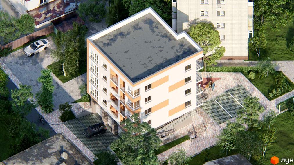 Новобудова на вул. Баштанна, 6 з біло-помаранчевим фасадом, балконами та прибудинковою територією з парковкою та зеленими зонами.