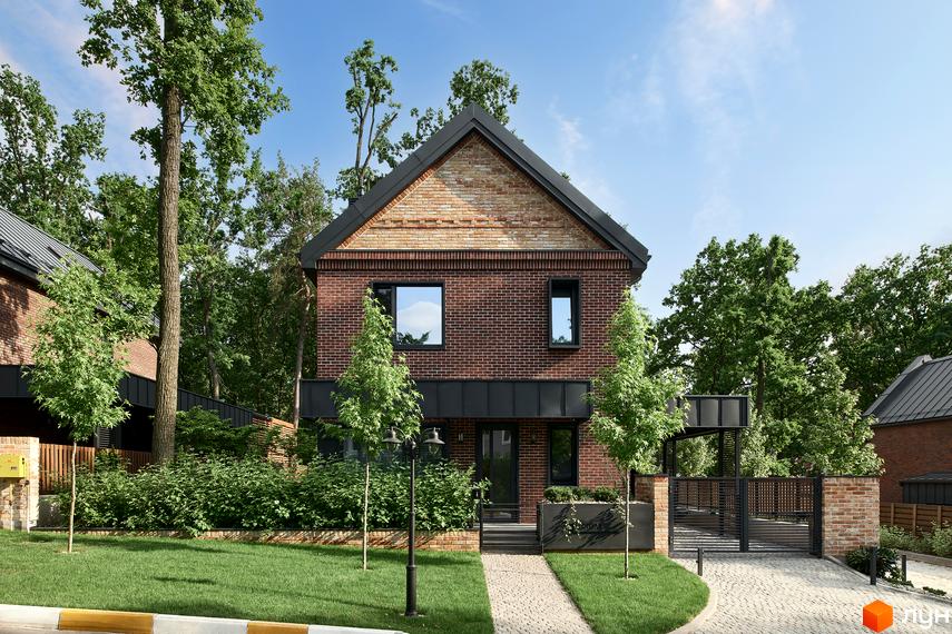 Двоповерховий будинок з темно-червоної цегли та світлим фронтоном в Котеджному містечку Oak Grove Town. Перед будинком зелений газон, доріжка та дерева.