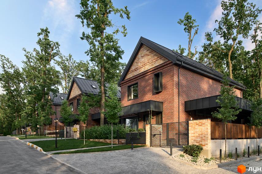 Зображення сторінки житлового комплексу КМ Oak Grove Town. Цегляні будинки з темною покрівлею та великими вікнами. Прибудинкова територія з бруківкою та зеленими насадженнями.