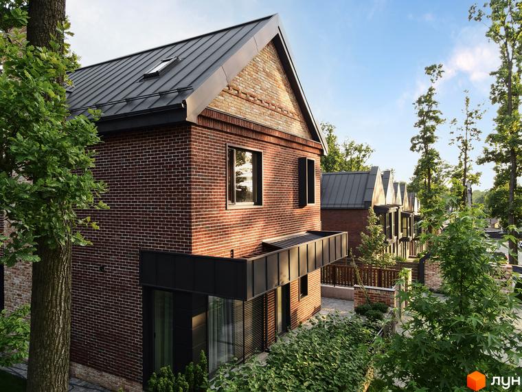 Зображення сторінки ЖК Oak Grove Town. Цегляний будинок з темним дахом та балконом. Навколо будинку зелені дерева та доглянута прибудинкова територія.