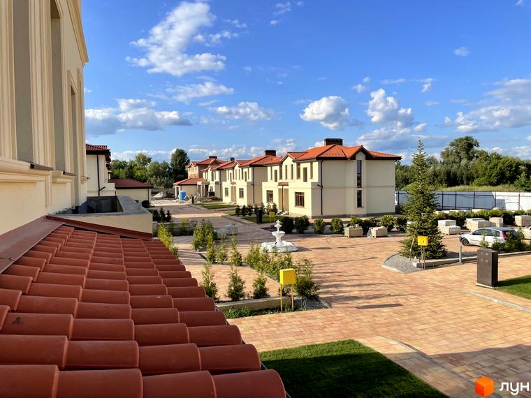 Котеджне містечко Фонтан: двоповерхові будинки з червоними дахами та доглянута прибудинкова територія з фонтаном та зеленими насадженнями.