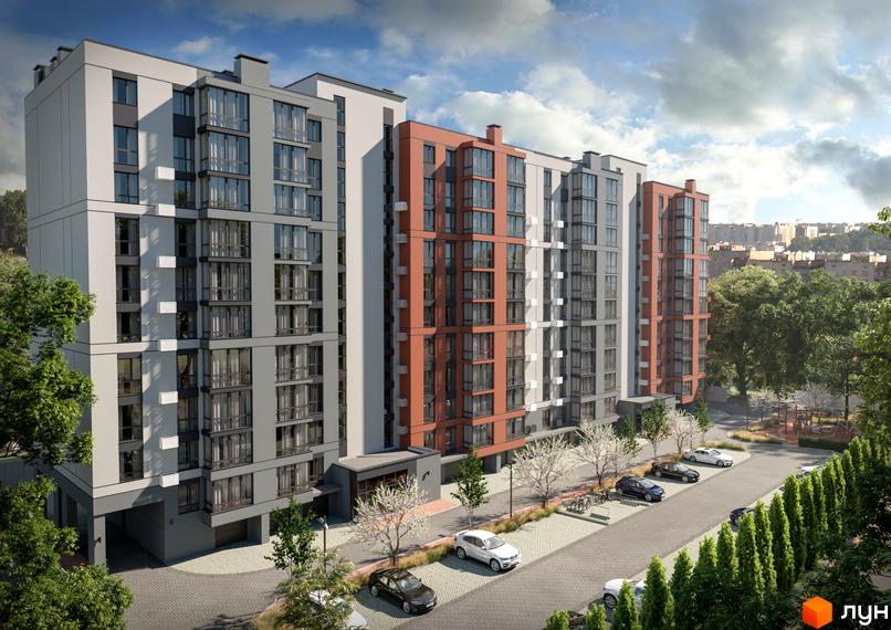 Зовнішній вигляд житлового комплексу Молодіжний з цегляними та сірими фасадами, великими вікнами та прибудинковою територією з парковкою та деревами.