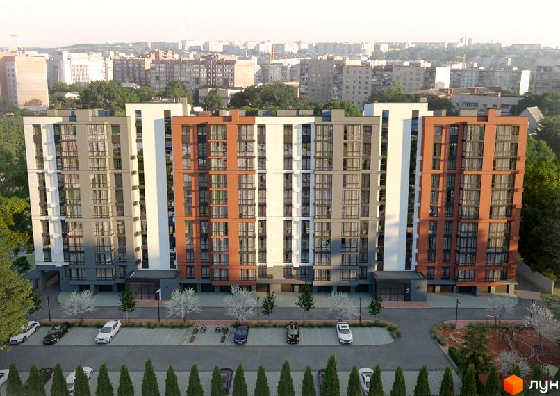 Житловий комплекс Молодіжний: багатоповерхові будинки сірого, білого та коричневого кольорів, з паркінгом та зеленими насадженнями.